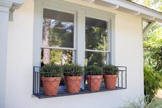 three potted plants are on the ledge of a window sill in front of a house