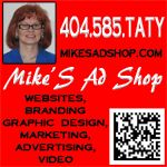 an advertisement for mike's ad shop featuring a woman with red hair and glasses