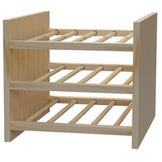 a wooden bunk bed with three shelves on each side