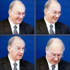 four pictures of an older man with glasses and a suit on, smiling at the camera