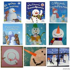 several children's books about snowmen are shown in this collage with pictures of them