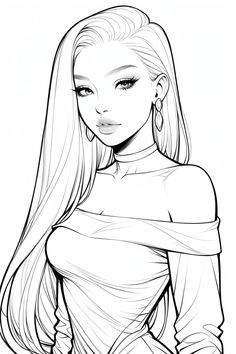 a black and white drawing of a girl with long hair, wearing a high neck dress