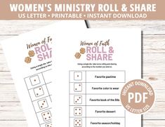 the women's ministry roll and share game is shown on top of a wooden table