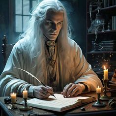 a man with long white hair sitting at a desk in front of a book and writing