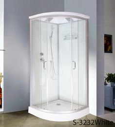 a corner shower stall in a room