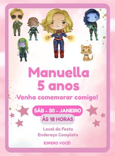 the poster for an event in spanish with cartoon characters on pink and white background, including stars