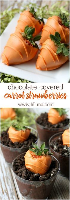 chocolate covered carrot strawberries in small cups on a white plate with text overlay