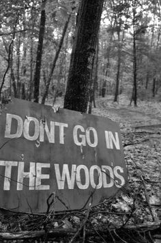 black and white photograph of a sign that says don't go in the woods