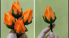 there is a small orange flower being held by someone's hand and another photo has been taken