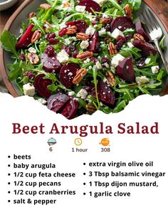 beet and arugula salad with feta cheese, pecanized almonds, baby arugula, extra virgin olive oil