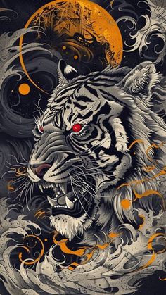 a white tiger with red eyes in front of a full moon and swirly clouds