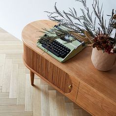 a wooden table with a plant and an old typewriter on it