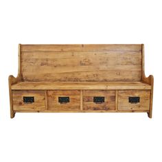 a wooden bench with four drawers on the bottom and one drawer at the top that is open