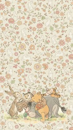 winnie the pooh and friends wallpaper with flowers on it, including an animal