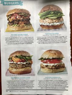 a menu for burgers with different types of meat