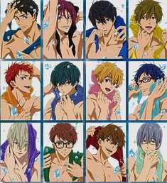 nine anime characters with different colored hair and glasses