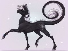 a black horse with white manes and stars on it's back legs, standing in the air