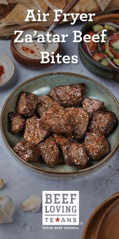 a plate full of food with the words air fryer zaata beef bites