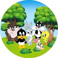 several cartoon animals are standing in the grass