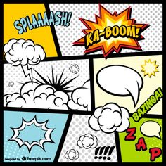 comic book page with speech bubbles and pop - art style words in different colors, shapes and sizes