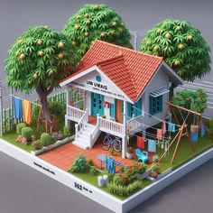 a model of a house with trees and clothes hanging on the line in front of it