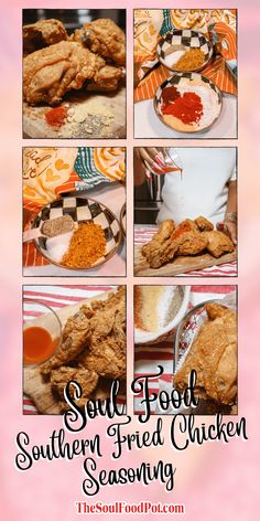 the southern fried chicken seasoning recipe is shown in four different pictures, including an image of