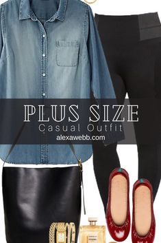 Plus Size Leggings & Chambray Outfit - A plus size casual outfit idea with my favorite ponte knit leggings, a chambray shirt, and red flats. Alexa Webb Chambray Outfit, Casual Outfit Idea, Alexa Webb, Outfits Gorditas, Plus Size Winter Outfits, Plus Size Winter, Red Flats, Knit Leggings, Plus Size Leggings