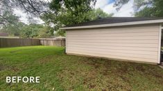 before and after photo of a backyard with grass, fence, and shed in the background