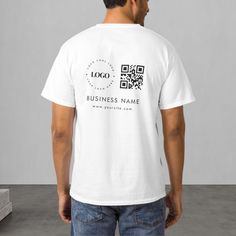 Promote your business with this stylish t-shirt, featuring custom logo, QR Code & text. Easily add your details by clicking on the "personalize" option. Tshirt Branding, Code Text, Corporate T-shirt, Corporate Shirts, Text T Shirt, Tshirt Business, T Shirt Company, T Shirt Logo, Business Company