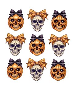 six pumpkins with bows and skulls on them