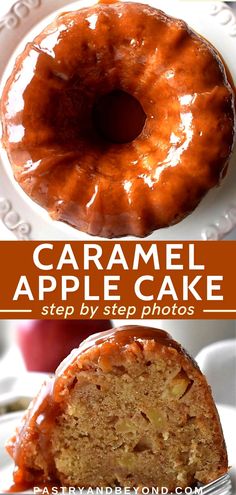 an apple cake on a white plate with caramel drizzle