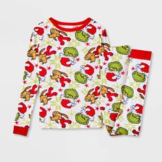 Your child will love wearing seasonal sleepwear with this 2-Piece Grinch Snug-Fit Pajama Set. This set includes a long-sleeve sleep tee and pajama pants, both crafted from polyester-spandex blend fabric for all-night comfort. Plus, they're designed with ribbed hems, cuffs and ankles for a snug fit and neat finish. Designed in a white hue, both pieces feature a graphic of the Grinch and Max wearing Santa hats and red scarves for cute, festive flair. Best of all, the PJ pants are designed with a f Grinch Pajamas, Holiday Pjs, Cozy Pajamas, Santa Hats, Christmas Pjs, Soft Pajamas, Kids Clothes Boys, Pj Pants, Grinch Christmas