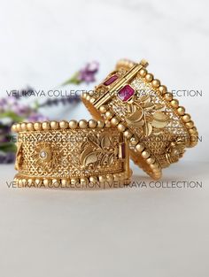 *Each bracelet is sold individually. * ------------SIZE 2.4 and 2.8 AVAILABLE------------ Bracelet Width - 3.2 cm approx. Openable bracelet with screw opening. Unique, intricately designed bracelet with leaf motif. Indian Pakistani Kadey or matte gold bracelets perfect for weddings, parties and festivals. High quality gold plating. MEASURE YOUR SIZE: See the chart in pictures to learn how to measure your correct bangle size. All our jewelry comes in beautiful ready to gift box. Ready to ship from Vancouver, Canada within 1-2 business days. For express shipping, please upgrade at checkout or contact us. Why buy from us? Guaranteed good quality. Actual product shown in pictures. Please allow for minor color variations due to digital image limitations. We try our best to capture the true colo Vintage Wedding Bracelets For Festive Occasions, Traditional Bracelets For Anniversary And Festivals, Vintage Bangle Bracelets For Wedding, Vintage Bangle Jewelry For Wedding, Vintage Bangle For Wedding, Adjustable Gold Bracelet With Intricate Design For Wedding, Adjustable Cuff Bracelet With Intricate Design For Wedding, Adjustable Intricate Design Cuff Bracelet For Wedding, Adjustable Intricate Design Gold Wedding Bracelet