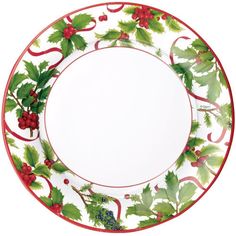 a christmas plate with holly and berries on the rim is shown in red, green and white