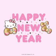 a hello kitty wallpaper with the words happy new year written in pink and gold