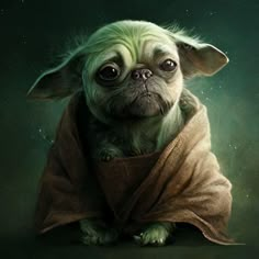 a painting of a dog dressed as yoda