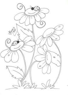 a drawing of some flowers with ladybugs on them