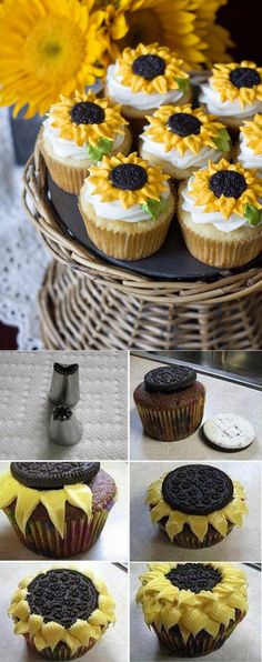 sunflower cupcakes with chocolate frosting and yellow icing