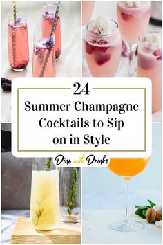 Collage of 4 summer champagne cocktails. Prosecco Drinks Summer, Summer Drinks With Champagne, Cocktail Recipes With Champagne, Champagne Summer Drinks, Mixed Drinks With Champagne, Welcome Cocktail Ideas, Drinks Made With Champagne, Large Batch Champagne Cocktails, Prosecco Cocktails Summer