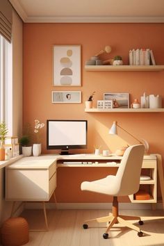 a home office with an orange wall and white desk chair in front of the computer