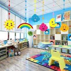 a child's playroom with toys, bookshelves and rainbow rugs