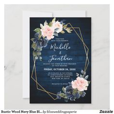 save the date card with roses and leaves on blue woodgrained background, in gold frame