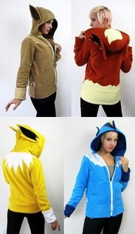 four pictures of people in pokemon costumes, one is wearing a hoodie and the other has a sweatshirt