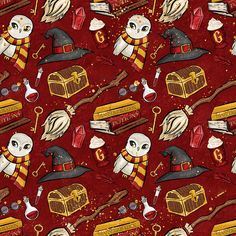 an image of harry potters pattern on red fabric with owls and hogwart's hat