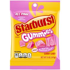 a bag of starburst gummies with pink candy on it's side