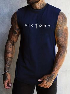 Navy Blue Casual Collar Sleeveless Fabric Letter  Embellished Slight Stretch Summer Men Clothing Sleeveless Vest, Kids Sleepwear, Men's Casual