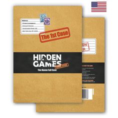 two notebooks with the words hidden games printed on each one and an image of a stamp