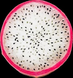 the inside of a dragon fruit is white with black seeds and pink flesh, as well as some black spots