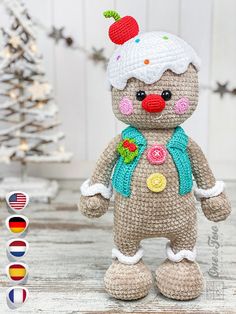 a crocheted teddy bear wearing a hat and scarf