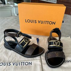 Beautiful And Comfortable Sandal.. Just Not Getting Wear In My Closet. Includes Box, Dust Bags Worn Only Once Receipt Shown (No Longer Sold In Stores) Monogram Canvas & Black Leather Gold Buckle & Logo Made In Italy Size 36 / 6 -Runs True To Size Price Reflects Posh Fee- Crossposted Shoes Louis Vuitton, Louis Vuitton Shoes, Comfortable Sandals, Monogram Canvas, Women's Shoes Sandals, Black And Brown, Shoes Sandals, Dust Bag, Black Leather